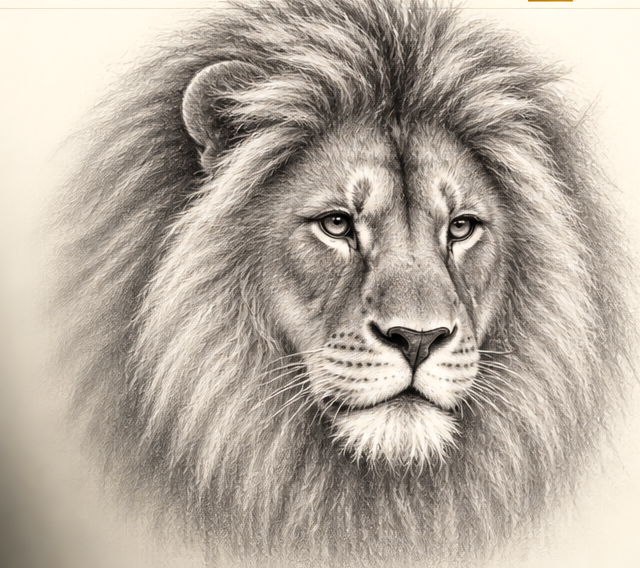 Rostro de león realista dibujado a lápiz